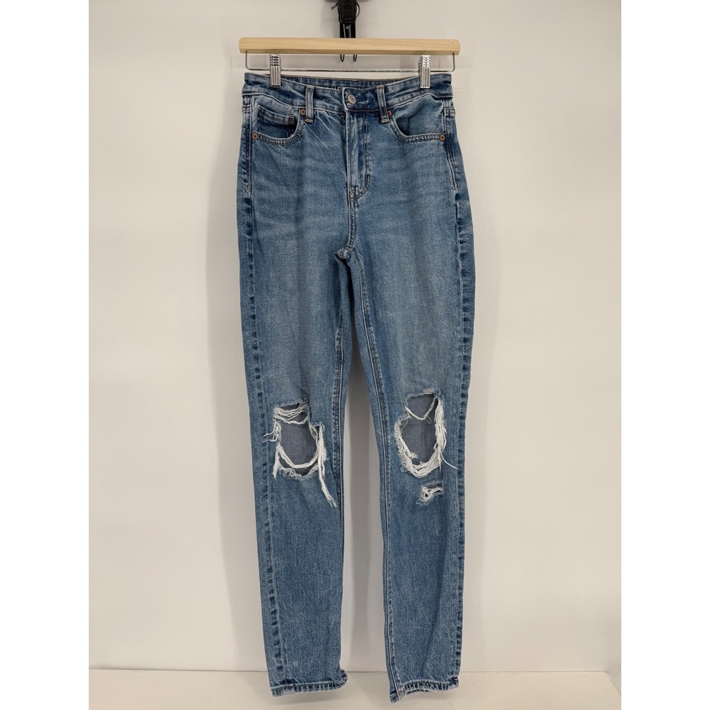 American Eagle Mom Jeans Blue Distressed High Rise Tapered Leg Womens Sz 2L Long